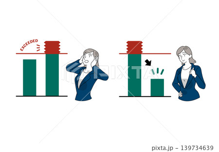 上限超過とコスト削減を比較する女性会社員のイラスト 上限超過とコスト削減を比較する女性会社員のイラスト 139734639