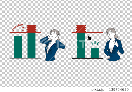 上限超過とコスト削減を比較する女性会社員のイラスト 上限超過とコスト削減を比較する女性会社員のイラスト 139734639
