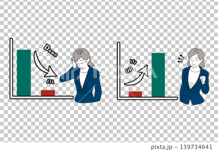 An illustration of a female office worker comparing bar graphs showing decreases and increases. An illustration of a female office worker comparing bar graphs showing decreases and increases. 139734641