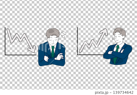 An illustration of a businessman comparing line graphs showing a decline and an increase in trend. An illustration of a businessman comparing line graphs showing a decline and an increase in trend. 139734642
