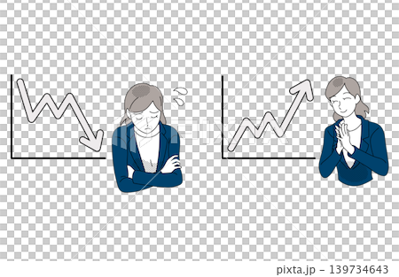 An illustration of a female office worker comparing line graphs showing a decline and an increase in trend. An illustration of a female office worker comparing line graphs showing a decline and an increase in trend. 139734643