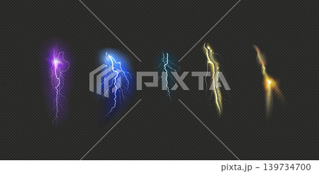 Realistic lightning set. Natural light effect, bright glowing thunderstorm design element 139734700