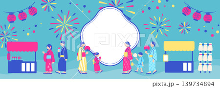 ネオン調の提灯と花火、中央フレームを配した夏祭りのポップな横長背景イラスト 139734894