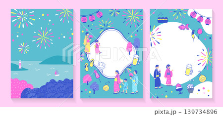 海辺の花火風景と祭りモチーフを組み合わせた夏祭り縦型ポスター3点セット 海辺の花火風景と祭りモチーフを組み合わせた夏祭り縦型ポスター3点セット 139734896
