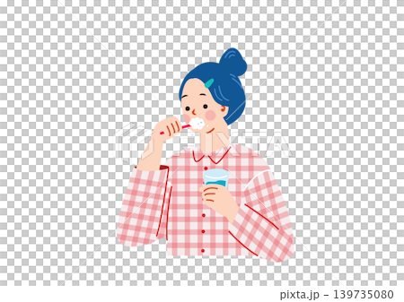An illustration of a woman brushing her teeth while wearing pajamas. An illustration of a woman brushing her teeth while wearing pajamas. 139735080