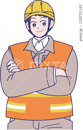 黄色のヘルメットを被り反射材のついたベストと作業服を着て腕組みをする作業員のイラスト 黄色のヘルメットを被り反射材のついたベストと作業服を着て腕組みをする作業員のイラスト 139735145