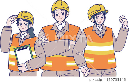 黄色のヘルメットを被り反射材のついたベストと作業服を着た3人の作業員のイラスト 139735146