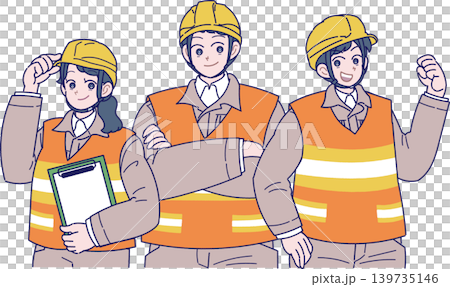 圖中描繪了三名工人,他們戴著黃色安全帽,穿著反光背心和工作服。 圖中描繪了三名工人,他們戴著黃色安全帽,穿著反光背心和工作服。 139735146
