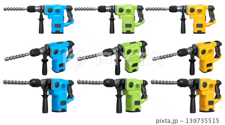 Set of electric rotary hammers with side handles and drill bits, isolated on white transparent background, concept of power tools 139735515