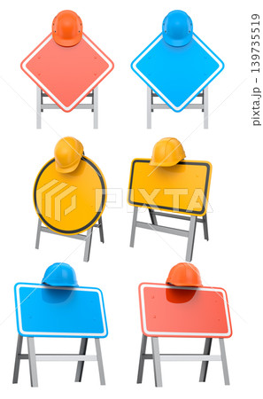Blank traffic signs with different shapes and colors on metal poles on white background with clipping path, concept of road safety Blank traffic signs with different shapes and colors on metal poles on white background with clipping path, concept of road safety 139735519