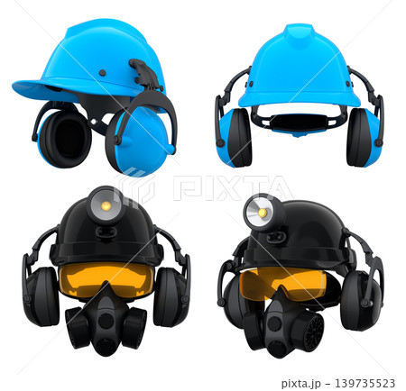 Protective helmets with mounted LED headlamps, respirators and earmuffs on white background with clipping path, safety equipment Protective helmets with mounted LED headlamps, respirators and earmuffs on white background with clipping path, safety equipment 139735523