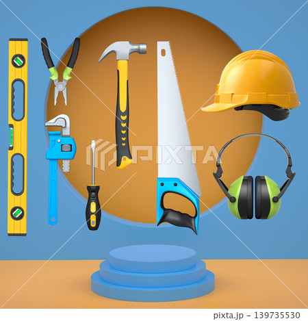 Construction tools and safety equipment floating over podium on abstract background, industrial work and protection concept Construction tools and safety equipment floating over podium on abstract background, industrial work and protection concept 139735530
