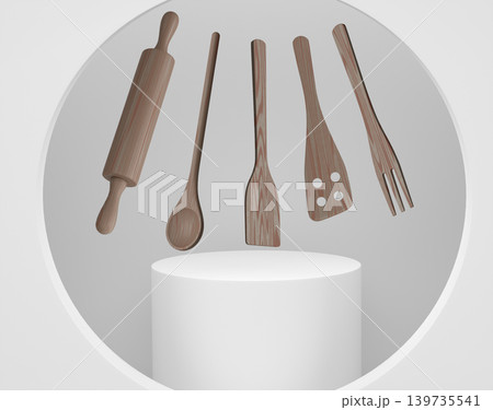 Set of kitchen utensils including rolling pin, spoon, spatula, fork, floating above colorful pedestal in minimalist background Set of kitchen utensils including rolling pin, spoon, spatula, fork, floating above colorful pedestal in minimalist background 139735541