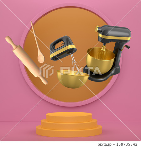Floating kitchen tools including electric mixers, bowls, and utensils floating over podium on abstract background, baking tools Floating kitchen tools including electric mixers, bowls, and utensils floating over podium on abstract background, baking tools 139735542