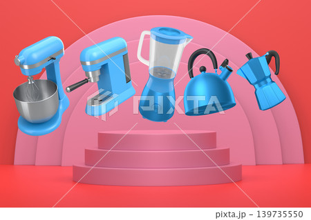 Set of kitchen appliances and utensils floating in mid-air over podium and abstract background, modern cooking concepts Set of kitchen appliances and utensils floating in mid-air over podium and abstract background, modern cooking concepts 139735550