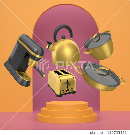 Assorted kitchen appliances and cookware floating against abstract backdrop and podium, modern culinary tools concept Assorted kitchen appliances and cookware floating against abstract backdrop and podium, modern culinary tools concept 139735551