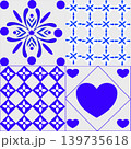 Set of four decorative ceramic tiles with blue pattern on white background, 139735618