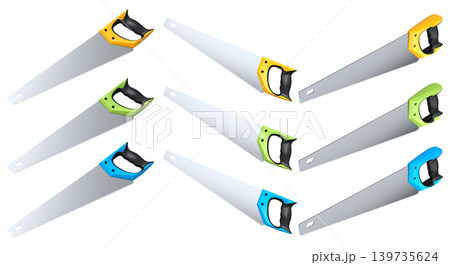 Set of hand saws with ergonomic handles, displayed on white background with clipping path, Construction tool concept Set of hand saws with ergonomic handles, displayed on white background with clipping path, Construction tool concept 139735624