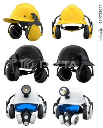 Protective helmets with mounted LED headlamps, respirators and earmuffs on white background with clipping path, safety equipment Protective helmets with mounted LED headlamps, respirators and earmuffs on white background with clipping path, safety equipment 139735625