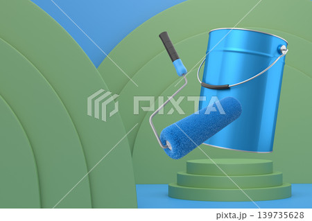 Paint roller and metal bucket floating over podium with abstract background, representing home renovation concept 139735628