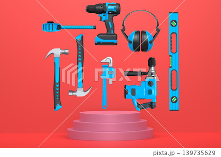 Construction tools and safety equipment floating over podium on abstract background, industrial work and protection concept Construction tools and safety equipment floating over podium on abstract background, industrial work and protection concept 139735629