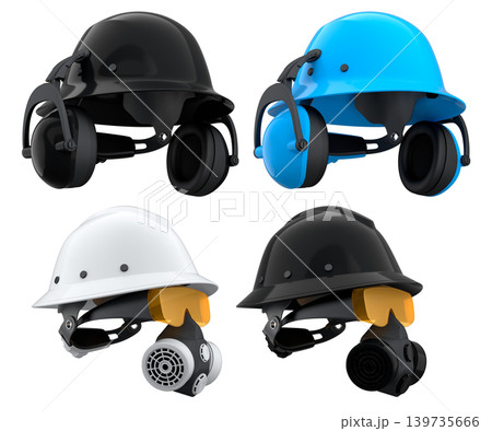 Protective helmets with mounted LED headlamps, respirators and earmuffs on white background with clipping path, safety equipment Protective helmets with mounted LED headlamps, respirators and earmuffs on white background with clipping path, safety equipment 139735666