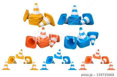 Traffic safety cones with white stripes, isolated on white background with clipping path. Concept of road safety equipment Traffic safety cones with white stripes, isolated on white background with clipping path. Concept of road safety equipment 139735668