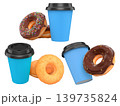 Assorted donuts with colorful icing and sprinkles next to takeaway coffee cups, isolated on white, sweet snack concept 139735824