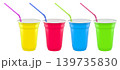 Set of colorful plastic drinking cups with black bendy straws isolated on a white background, symbolizing party beverages 139735830