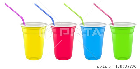 Set of colorful plastic drinking cups with black bendy straws isolated on a white background, symbolizing party beverages 139735830