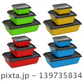 Stacked plastic food storage containers with black lids, isolated on white background, concept of organized storage 139735834