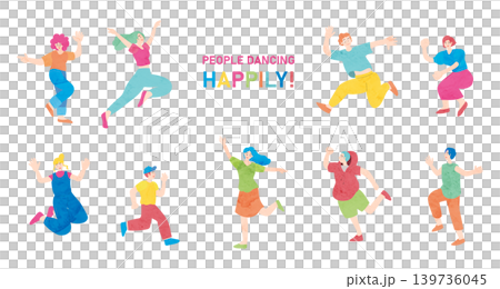 A set of colorful flat illustrations of people dancing happily. A set of colorful flat illustrations of people dancing happily. 139736045