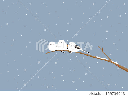 曇り空の雪が降る日に木の枝に止まっている3羽のシマエナガのイラスト 曇り空の雪が降る日に木の枝に止まっている3羽のシマエナガのイラスト 139736048