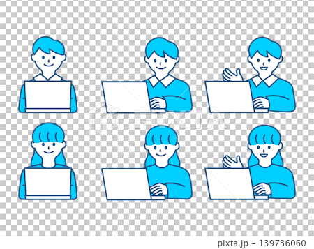 Icon illustration of a young man and woman using a laptop computer. Icon illustration of a young man and woman using a laptop computer. 139736060
