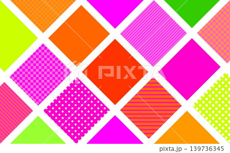 幾何学模様 四角形 ドット ストライプ 格子模様 ピンク オレンジ色 グリーン 幾何学模様 四角形 ドット ストライプ 格子模様 ピンク オレンジ色 グリーン 139736345