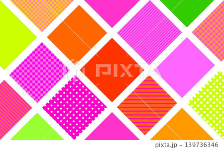 幾何学模様 四角形 ドット ストライプ 格子模様 ピンク オレンジ色 グリーン 幾何学模様 四角形 ドット ストライプ 格子模様 ピンク オレンジ色 グリーン 139736346