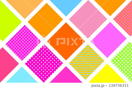 幾何学模様 四角形 ドット ストライプ 格子模様 ピンク オレンジ色 グリーン 幾何学模様 四角形 ドット ストライプ 格子模様 ピンク オレンジ色 グリーン 139736351