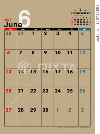 2027年 日曜始まり月替わり壁掛けカレンダー 令和9年 6月カレンダー クラフト紙 2027年 日曜始まり月替わり壁掛けカレンダー 令和9年 6月カレンダー クラフト紙 139736605