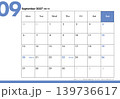 2027年 月曜始まり月替わりシンプルな卓上カレンダー 令和9年 9月カレンダー 139736617