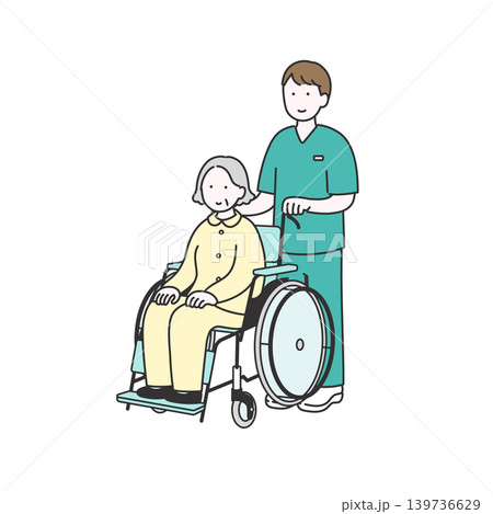 車いすの高齢者を介助する男性看護師 介護・医療のイラスト 139736629