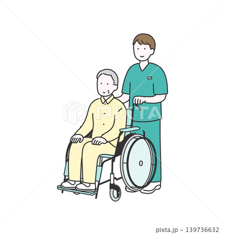 車いす移動をサポートする介護シーンのイラスト素材 車いす移動をサポートする介護シーンのイラスト素材 139736632