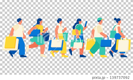 夏休みサマーセールで買い物袋を持って楽しく歩く人々のグループイラスト 139737092