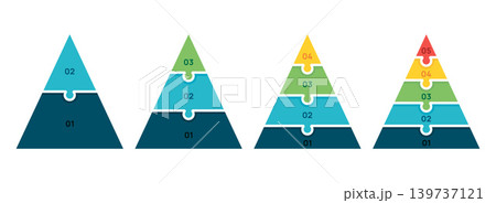 Infographic triangle pyramid chart set template 2-5 Level steps options. cycle diagram for funnel business presentation, vector illustration. Infographic triangle pyramid chart set template 2-5 Level steps options. cycle diagram for funnel business presentation, vector illustration. 139737121
