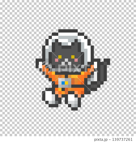 A black cat in a zero-gravity spacesuit, rendered in pixel art. A black cat in a zero-gravity spacesuit, rendered in pixel art. 139737261