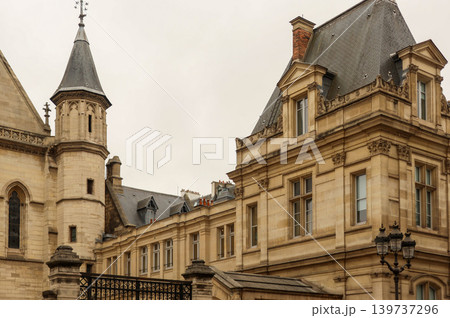 Palais de justice architecture in Paris, France, showing historic building details and classic stonework 139737296