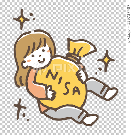An illustration of a woman carefully holding a money bag labeled "NISA". An illustration of a woman carefully holding a money bag labeled "NISA". 139737487