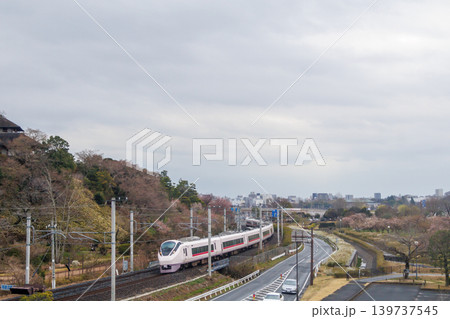 水戸偕楽園の横を通過する常磐線の列車 水戸偕楽園の横を通過する常磐線の列車 139737545