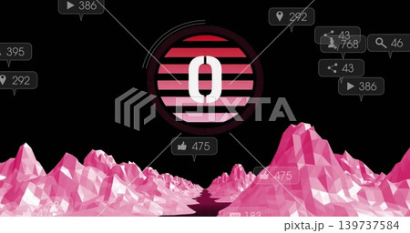 Showing central badge 0 floating above pink lowpoly terrain with reflective valley showing bubbles Showing central badge 0 floating above pink lowpoly terrain with reflective valley showing bubbles 139737584
