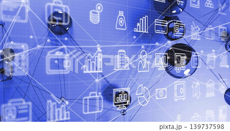 Showing glossy spheres and thin connecting lines in virtual interface, with business icons 139737598