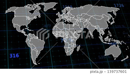 Displaying stylized world map with white outlines on digital dashboard showing blue grid, numerals 139737601